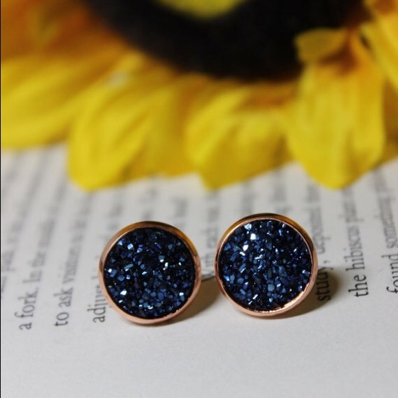 Jewelry - Navy Druzy Rose Gold Stud Earrings